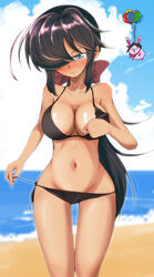  beach bikini black_hair blue_eyes blush breasts cleavage closed_mouth collarbone female girls_und_panzer hair_over_one_eye hair_ribbon highres jinguu_(4839ms) large_breasts long_hair navel ocean ogin_(girls_und_panzer) outdoors ribbon shiny_skin side-tie_bikini_bottom smile solo swimsuit 