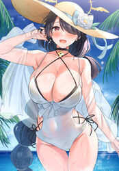  bare_shoulders beach black_hair blue_archive blue_sky blush breasts casual_one-piece_swimsuit choker cleavage collarbone covered_navel earrings female hair_over_one_eye halo hat highres hinata_(blue_archive) hinata_(swimsuit)_(blue_archive) jewelry large_breasts long_hair looking_at_viewer official_alternate_costume one-piece_swimsuit open_mouth outdoors palm_tree red_eyes sky smile solo standing sun_hat super_nagoyaka swept_bangs swimsuit tree wet white_one-piece_swimsuit yellow_hat 