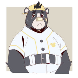  1:1 2022 anthro backwards_baseball_cap backwards_hat band-aid bandage baseball_(sport) baseball_cap baseball_uniform bear black_body blush brand_new_animal clothing hat headgear headwear kemono male mammal shimomaro shirt simple_background slightly_chubby sloth_bear_(brand_new_animal) solo sport sportswear studio_trigger topwear uniform 