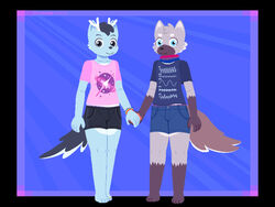  2020 4:3 anthro bisexual_pride_colors black_eyes black_hair black_tail blue_body blue_eyes blue_fur bottomwear bracelet brown_body brown_fur canid canine canis clothed clothing cutoffs daesung deer denim denim_bottomwear denim_clothing digit_ring digital_media_(artwork) drake_(ceruleandrake) duo feet frigadae full-length_portrait fully_clothed fur grey_body grey_fur hair hand_holding hybrid jewelry lgbt_pride looking_at_viewer male mammal maned_wolf multicolored_body multicolored_fur neckwear pawpads pixel_(artwork) portrait pride_color_accessory pride_color_clothing pride_color_neckwear pride_color_wristband pride_colors print_clothing print_shirt print_t-shirt print_topwear rainbow_pride_colors rainbow_symbol ring shirt shirt_logo shorts six-stripe_rainbow_pride_colors standing t-shirt tail toe_ring toes topwear two_tone_body two_tone_fur wolf 