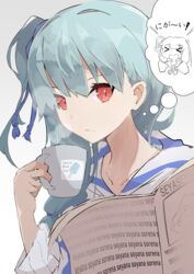  &gt;_&lt; absurdres alternate_hairstyle aqua_hair blue_shirt blunt_bangs collarbone commentary cup expressionless female food food_print highres holding holding_cup holding_newspaper kashisuover kotonoha_aoi mint_chocolate nandemo_iu_koto_wo_kiite_kureru_akane-chan_(voiceroid) newspaper popsicle red_eyes romaji_text seyanaa shirt side_ponytail sideways_glance solo spoken_character steam striped_clothes striped_shirt thought_bubble translated two-tone_shirt upper_body voiceroid white_shirt 