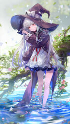  absurdres bare_legs bow bug butterfly closed_mouth commentary_request female flower hat hat_bow hat_ribbon highres jacket long_hair long_sleeves looking_at_viewer noir_(ibaraki) orange_eyes petals plant red_ribbon revived_witch ribbon solo standing wading white_bow white_hair white_ribbon witch_(revived_witch) witch_hat 