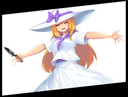  :d ^_^ alternate_costume blonde_hair bow braid closed_eyes commentary_request cookie_(touhou) cosplay cowboy_shot facing_viewer female hair_between_eyes hairbow hat hat_bow highres holding holding_knife kirisame_marisa knife long_hair louise_(touhou) louise_(touhou)_(cosplay) open_mouth outstretched_arms photoshop_(medium) purple_bow purple_sailor_collar sailor_collar sailor_shirt shirt simple_background single_braid skirt skirt_set smile solo standing suzu_(cookie) tarmo touhou touhou_(pc-98) white_background white_hat white_shirt white_skirt 