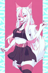  absurd_res anthro belt bottomwear brand_new_animal breasts canid canine clothing crop_top fangs female fox fur handpaw hi_res inner_ear_fluff legwear looking_at_viewer mammal miniskirt monotone_bottomwear monotone_clothing monotone_skirt nazuna_hiwatashi open_mouth pawpads paws pink_body pink_fur potatokamaos red_eyes shirt simple_background skirt smile solo standing studio_trigger teeth thigh_highs topwear tuft white_body white_fur 