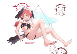  &lt;|&gt;_&lt;|&gt; 1boy absurdres barefoot bikini black_bikini black_bow black_nails black_wings blue_archive bow breasts commentary doodle_sensei_(blue_archive) feathered_wings feet female floral_print front-tie_bikini_top front-tie_top hair_between_eyes hairbow halo hand_up head_wings highres innertube knees_up koharu_(blue_archive) koharu_(swimsuit)_(blue_archive) liwendala long_hair low_twintails low_wings nail_polish official_alternate_costume open_mouth pink_hair pink_halo print_bikini sensei_(blue_archive) simple_background sitting small_breasts soles spaghetti_strap swim_ring swimsuit toenail_polish toenails toes twintails underboob white_background wings 