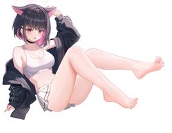  animal_ears arm_support barefoot black_choker black_hair black_hoodie black_jacket blue_archive blunt_bangs blush breasts cat_ears chinese_commentary choker cleavage colored_inner_hair commentary_request extra_ears fanteam feet female full_body halo highres hood hoodie jacket kazusa_(blue_archive) legs medium_breasts multicolored_hair navel open_mouth pink_eyes pink_hair pleated_skirt purple_eyes short_hair simple_background skirt solo sports_bra spread_toes stomach thighs toes two-tone_hair white_background white_skirt white_sports_bra 