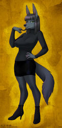  2015 5_fingers anthro anubian_jackal big_breasts black_hair black_nose boots bottomwear breasts canid canine canis clothed clothing copyright_symbol curvy_figure digital_media_(artwork) ear_piercing ear_ring female fingers footwear fur green_eyes grey_body grey_fur hair high_heeled_boots high_heels jackal mammal nightshade_(kadath) nim-nim piercing ring_piercing shaded shoes signature skirt solo symbol 