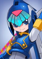  android arm_up armpits blue_eyes breasts commentary_request covered_armpit crop_top detached_sleeves fairy_leviathan_(mega_man) female gradient_background helmet highres looking_at_viewer mega_man_(series) mega_man_zero_(series) simple_background smile solo tesshii_(riza4828) upper_body 