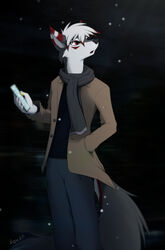  anthro bottomwear canid canine canis cellphone clothed clothing electronics fur fur_markings giru_(artist) grey_body grey_fur hair hand_in_pocket hi_res holding_cellphone holding_object holding_phone holding_smartphone jacket kiba_(kibawolf33) looking_surprised looking_up male mammal markings night open_clothing open_jacket open_topwear orange_eyes pawpads phone pockets red_body red_fur red_hair scarf smartphone snow solo standing topwear white_body white_fur white_hair wolf yellow_pawpads 