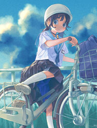  bag bicycle bicycle_basket black_hair black_skirt blue_neckerchief blue_sailor_collar blue_shorts blue_sky cloud collared_shirt commentary cruiser_bicycle female film_grain from_below hatching_(texture) helmet kneehighs lolicon looking_down mounting name_tag neckerchief original outdoors pleated_skirt railing sailor_collar sailor_shirt school_bag school_uniform serafuku shirt shoe_soles shoes short_sleeves shorts shorts_under_skirt skirt sky sneakers socks solo summer summer_uniform tessaku_ro twintails white_footwear white_headwear white_shirt white_socks 