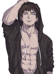  1boy abs absurdres ardbert_hylfyst bara black_jacket blue_eyes brown_hair facial_hair final_fantasy final_fantasy_xiv highres hood hood_up hooded_jacket jacket large_pectorals looking_at_viewer male_focus muscular muscular_male navel open_clothes open_jacket pectorals short_hair simple_background solo upper_body white_background zanki 