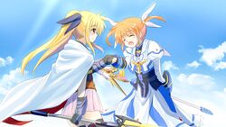  2girls bardiche_(nanoha) bardiche_(zanber_form)_(nanoha) blonde_hair closed_eyes cloud cloudy_sky couple fate_testarossa fate_testarossa_(blaze_form) fist_bump flying happy kerorokjy long_hair looking_at_another lyrical_nanoha magical_girl mahou_shoujo_lyrical_nanoha mahou_shoujo_lyrical_nanoha_a&#039;s mahou_shoujo_lyrical_nanoha_the_movie_2nd_a&#039;s multiple_girls open_mouth orange_hair raising_heart raising_heart_(exelion_mode)_(2nd) red_eyes short_hair short_twintails sky smile takamachi_nanoha takamachi_nanoha_(exelion_mode) twintails yuri 