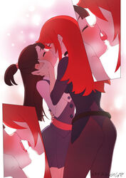  2girls after_kiss age_difference arikindows10 artist_name ass black_pantyhose blush breasts brown_hair closed_eyes commentary_request french_kiss highres hug kagari_atsuko kissing little_witch_academia long_hair luna_nova_school_uniform multiple_girls multiple_views open_mouth pantyhose ponytail red_hair saliva saliva_trail school_uniform shiny_chariot simple_background small_breasts teacher_and_student teeth tongue tongue_out upper_teeth_only ursula_charistes white_background yuri 