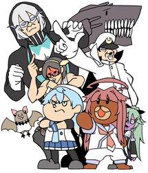  admiral_(kancolle) admiral_(kancolle)_(cosplay) ahoge akara_kai bat_(animal) black_hair blue_hair brown_hair chancellor_(eagle_talon) cosplay creepy_kid_(eagle_talon) crossed_arms deluxe_fighter detached_sleeves eagle_talon gloves green_hair hair_between_eyes headgear holding holding_microphone index_finger_raised kantai_collection kirishima_(kancolle) kirishima_(kancolle)_(cosplay) kuma_(kancolle) kuma_(kancolle)_(cosplay) leonardo_hakase long_hair mask microphone military military_uniform morita_kouichi_(eagle_talon) nontraditional_miko northern_ocean_princess parody phillip_(eagle_talon) re-class_battleship re-class_battleship_(cosplay) sado_(kancolle) sado_(kancolle)_(cosplay) short_hair simple_background style_parody uniform white_background white_gloves white_hair yamakaze_(kancolle) yamakaze_(kancolle)_(cosplay) yoshida-kun_(eagle_talon) 