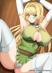  armpits arms_up artist_name belt blonde_hair blue_eyes blush bound bound_arms breasts cleavage cleavage_cutout clothing_cutout elbow_gloves elf eyes_visible_through_hair female gloves hellandheaven highres isekai_maou_to_shoukan_shoujo_no_dorei_majutsu large_breasts long_hair panties patreon_username pointy_ears shera_l._greenwood solo spread_legs thighhighs underwear 