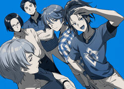  5boys :d akiyama_hiroyuki animal_print arm_hair arm_up bangs belt bird_print black_hair blue_background blue_eyes blue_shirt blue_theme bracelet chest_hair closed_mouth collared_shirt commentary crossed_arms dog_tags facial_hair glasses hair_between_eyes hand_on_hip happy haru_(no_thank_you!!!) high_ponytail inui_kouichi jewelry kurosawa_ryuu long_sleeves looking_at_viewer maki_(no_thank_you!!!) male_focus multiple_boys no_thank_you!!! open_mouth pants plaid plaid_shirt print_shirt salute sayshownen shiny shiny_hair shirt shirt_tucked_in short_hair short_sleeves silver_hair simple_background smile striped striped_shirt stubble 