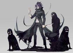  1boy absurdres bandaged_arm bandaged_hand bandages belt_buckle black_coat buckle coat dagger dong_wensen fingernails grey_background highres holding holding_dagger holding_knife holding_weapon knife male_focus mask original puddle purple_hair reverse_grip shadow simple_background smile solo_focus torn_clothes weapon zipper 