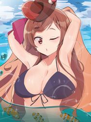  armpits arms_behind_head bikini black_bikini black_bra bra breasts brown_eyes brown_hair clownfish dango_hair_ornament female fish food-themed_hair_ornament hair_ornament heart heart_hair highres hoken0309 large_breasts makeup ocean one_eye_closed open_mouth pink_ribbon ribbon solo swimsuit towel tropical_fish underwear water yuugiri_(zombie_land_saga) zombie_land_saga 