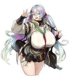  animated animated aqua_eyes aqua_hair bag belt breasts brown_belt cleavage commentary_request cropped_legs cupitan_(granblue_fantasy) detached_collar female gradient_hair granblue_fantasy grey_background grey_hair hair_between_eyes hair_ornament hand_up holding holding_bag houtengeki huge_breasts long_hair looking_at_viewer making-of multicolored_hair necktie open_mouth purple_hair rainbow_hair red_necktie shirt solo standing sweat teeth thighs twintails upper_teeth_only white_background white_shirt 