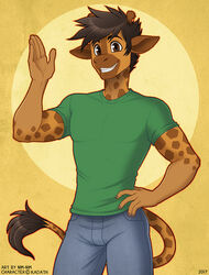  2017 5_fingers anthro bottomwear brown_body brown_fur brown_hair clothing denim denim_bottomwear denim_clothing digital_media_(artwork) fingers fur giraffe giraffid hair horn jeans looking_at_viewer male mammal markings nim-nim ossicone pants patrick_(kadath) shaded shirt signature simple_background smile solo spots spotted_body spotted_fur t-shirt topwear yellow_background yellow_body yellow_fur 