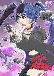  :d absurdres ahoge belt black_belt black_choker black_hair black_hoodie black_nails black_pants black_thighhighs blue_hair blue_nails breasts cellphone choker cleavage ear_piercing earrings female fishnet_top fishnets half-skirt heart heart-shaped_pupils highres holding holding_phone hood hoodie jewelry kson kson_(4th_costume) large_breasts long_hair looking_at_viewer miniskirt mole mole_under_eye multicolored_hair multicolored_nails nail_polish natsumiyuhi navel navel_piercing necklace open_clothes open_hoodie open_mouth pants phone piercing purple_hair purple_nails red_skirt ring skirt smile solo streaked_hair symbol-shaped_pupils thighhighs tongue_piercing twintails two-tone_hoodie virtual_youtuber vshojo white_hoodie 