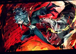  1boy animal blue_hair brick brick_wall claws clenched_hand edmond_dantes_(fate) edmond_dantes_(first_ascension)_(fate) fate/grand_order fate_(series) glowing glowing_eye grin highres male_focus open_mouth parted_lips sharp_teeth smile teeth tiger tongue tongue_out white_tiger ysk_(yusuke) 