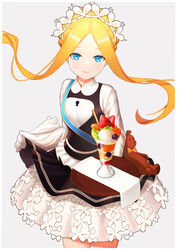  abigail_williams_(fate) abigail_williams_(festival_outfit)_(fate) absurdres black_skirt blonde_hair blue_eyes border braid breasts closed_mouth crown_braid dress fate/grand_order fate_(series) female food forehead fruit grapes grey_background highres ice_cream keyhole kiwi_(fruit) kiwi_slice layered_skirt long_hair long_sleeves looking_at_viewer maid_headdress meowster official_alternate_costume orange_(fruit) parfait parted_bangs photoshop_(medium) sash sidelocks simple_background skirt sleeves_past_fingers sleeves_past_wrists small_breasts smile solo strawberry tray wafer_stick white_border white_dress 