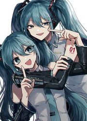  2girls aqua_eyes aqua_hair aqua_nails aqua_necktie arms_around_neck bare_shoulders black_sleeves cheek_poking clone commentary danjou_sora detached_sleeves grey_shirt hair_ornament half-closed_eyes hatsune_miku headphones headset highres hug hug_from_behind index_finger_raised long_hair looking_at_viewer multiple_girls nail_polish necktie open_mouth poking shirt shoulder_tattoo sleeveless sleeveless_shirt smile tattoo twintails upper_body very_long_hair vocaloid white_background 