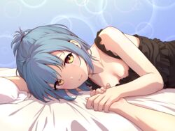  2girls babydoll bare_shoulders bed bed_sheet bedroom black_babydoll blue_hair blush breasts brown_eyes cleavage closed_mouth collarbone commentary_request frilled_babydoll hair_ornament haori_haruki hickey highres himitsu_(hi_mi_tsu_2) himitsu_no_jugyou holding_hands indoors lingerie looking_at_viewer lying multiple_girls on_bed on_side original pillow pov pov_across_bed pov_hands short_hair short_ponytail smile star_(symbol) star_hair_ornament underwear yuri 