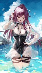  absurdres between_breasts black_one-piece_swimsuit blue_sky braid breasts collarbone competition_swimsuit feet_out_of_frame female girls&#039;_frontline hand_in_own_hair hand_on_own_hip highres light_blush long_hair looking_at_viewer medium_breasts ocean official_alternate_costume on_water one-piece_swimsuit open_mouth outdoors ponytail priest77 purple_hair red_eyes sidelocks sky solo standing swimsuit wa2000_(girls&#039;_frontline) wa2000_(op._manta_ray)_(girls&#039;_frontline) water water_drop wet wet_clothes wet_swimsuit 