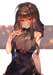  absurdres ahoge bare_shoulders blunt_bangs blush breasts brown_hair cleavage cropped dsr-50_(girls&#039;_frontline) dsr-50_(highest_bid)_(girls&#039;_frontline) earrings female girls&#039;_frontline hair_between_eyes highres jewelry large_breasts long_hair looking_at_viewer non-web_source official_alternate_costume red_eyes scan see-through see-through_cleavage sleeveless smile solo soukou_makura upper_body 