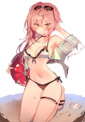  absurdres arm_up ball beachball bikini breasts cameltoe choker cleavage cropped_jacket eyewear_on_head female girls&#039;_frontline green_eyes hair_between_eyes halterneck hand_in_own_hair highres jacket kneeling long_hair looking_at_viewer medium_breasts navel non-web_source off_shoulder official_alternate_costume open_clothes open_jacket pink_hair r93_(girls&#039;_frontline) r93_(holiday_lucky_star)_(girls&#039;_frontline) sandals scan seashell shell side-tie_bikini_bottom side_ponytail sidelocks simple_background solo soukou_makura sunglasses swimsuit thigh_strap white_background 