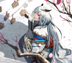  1boy branch cherry_blossoms commentary_request ema from_behind hair_between_eyes horns japanese_clothes long_hair looking_at_viewer looking_back male_focus nijisanji official_art outdoors parted_lips petals pointy_ears red_eyes red_rope rope sleeves_past_wrists solo squatting umiyasha_no_kami very_long_hair virtual_youtuber white_hair wide_sleeves ysk_(yusuke) 