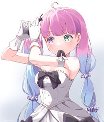  absurdres ahoge black_bow black_ribbon blue_hair blush bow breasts candy_hair_ornament closed_mouth crescent crescent_earrings dress earrings female food-themed_hair_ornament frilled_dress frills gloves gradient_hair green_eyes hair_ornament highres himemori_luna himemori_luna_(4th_costume) holding holding_ribbon hololive jewelry long_hair medium_breasts mouth_hold multicolored_hair official_alternate_costume pink_hair purple_eyes ribbon ribbon_in_mouth solo strapless strapless_dress syafiqmstr twintails tying_hair virtual_youtuber white_dress white_gloves 