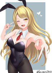  absurdres animal_ears bang_dream! black_leotard black_pantyhose blonde_hair bow bowtie breasts commentary_request commission covered_navel cowboy_shot detached_collar female highres kirigaya_toko koomori leotard long_hair looking_at_viewer medium_breasts necktie pantyhose playboy_bunny rabbit_ears red_necktie skeb_commission solo strapless strapless_leotard wavy_hair yellow_eyes 