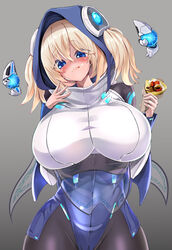  absurdres blonde_hair blue_eyes blush bodysuit breasts covered_navel crepe ella_of_the_sky female food gradient_background grey_background groin hair_through_headwear highres huge_breasts last_origin licking_lips medium_hair simple_background solo tongue tongue_out twintails underbust upper_body wide_hips yume_no_hana_(sbac0019) 