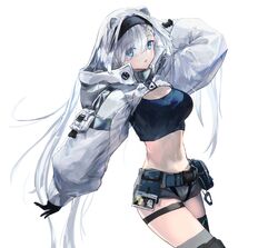  animal_ears arknights arm_up aurora_(arknights) aurora_(elite_ii)_(arknights) bear_ears belt black_gloves black_hairband black_shirt blue_eyes breasts commentary cowboy_shot crop_top female gloves grey_shorts hair_over_one_eye hairband highres koyu_(ctsa2278) large_breasts long_hair long_sleeves looking_at_viewer midriff navel parted_lips pouch shirt short_shorts shorts shrug_(clothing) simple_background solo stomach thigh_strap thighs very_long_hair white_background white_hair 