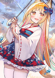  :d absurdres blonde_hair blue_bow blue_hair blue_skirt blush bow brown_eyes cloud commentary_request day dutch_angle female flower frilled_skirt frills hairbow heart heart-shaped_pupils highres holding holding_umbrella japanese_clothes kimono leaf_print long_hair long_sleeves looking_at_viewer makiaato multicolored_hair oerba_yun_fang open_mouth original outdoors pink_hair print_skirt rain red_flower ribbon-trimmed_sleeves ribbon_trim skindentation skirt smile solo streaked_hair symbol-shaped_pupils thighhighs transparent transparent_umbrella umbrella very_long_hair water_drop white_kimono white_thighhighs wide_sleeves 