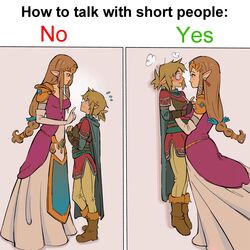  1boy absurdres armor assertive_female bessiebee black_eyes blonde_hair blush braid breasts brown_hair commentary crossover dress elbow_gloves english_commentary english_text eye_contact female fingerless_gloves gloves hair_behind_ear height_difference highres holding_person how_to_talk_to_short_people_(meme) hylian_set_(zelda) lauren_phillips_lifting_alice_merchesi_(meme) lifting_person link long_dress long_hair looking_at_another medium_breasts meme parody pink_dress pointy_ears princess princess_zelda straight surprised tall_female the_legend_of_zelda the_legend_of_zelda:_breath_of_the_wild the_legend_of_zelda:_twilight_princess tiara tied_hair time_paradox wide-eyed 