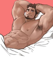  1boy abs armpit_hair armpits arms_on_head arms_up bara bare_pectorals beard bed_sheet brown_hair commentary dark-skinned_male dark_skin dopey_(dopq) facial_hair from_side highres large_pectorals looking_at_viewer lying male_focus mature_male muscular muscular_male naked_sheet nipples on_back on_bed original pectorals short_hair solo stomach symbol-only_commentary 