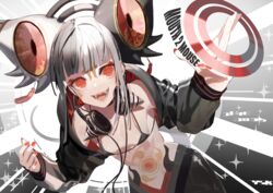  animal_ears bare_shoulders bikini bikini_top_only black_bikini black_hair body_markings english_text facial_mark fake_animal_ears female fingernails headphones headphones_around_neck highres long_hair mouse_girl multicolored_hair navel open_mouth original red_eyes red_nails signature sleeves_past_wrists smile solo sparkle swimsuit teeth torn_clothes white_hair ysk_(yusuke) 