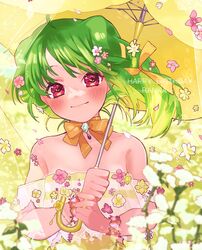  bare_shoulders bow_choker bracelet brown_eyes choker collarbone dress female floating_hair flower green_hair hair_flower hair_ornament hair_ribbon happy_birthday head_tilt highres holding holding_umbrella jewelry looking_at_viewer macross macross_frontier macross_frontier:_toki_no_meikyu multicolored_hair neck_ribbon off-shoulder_dress off_shoulder orange_choker orange_ribbon pink_flower ranka_lee ribbon sechi_(stst1850) short_hair smile solo two-tone_hair umbrella white_dress white_flower 