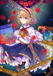  alice_margatroid blonde_hair blue_dress blue_eyes bow capelet commentary diao_ye_zong dress female flower frills grimoire_of_alice hairband highres kazu_(muchuukai) painting_(object) petals rose short_hair solo touhou white_capelet 