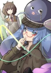  2girls :3 absurdres ahoge animal_on_shoulder animification aqua_eyes bird bird_on_shoulder blue_hair blue_headwear blunt_bangs brown_coat brown_eyes brown_hair brown_vest coat commentary detective eel_hat gradient_hair hair_ornament hand_on_own_chin highres holding holding_paper kashisuover long_hair looking_at_viewer monocle multicolored_hair multiple_girls necktie otomachi_una paper paper_stack pink_hair plaid_headwear red-framed_eyewear red_necktie semi-rimless_eyewear shirt short_hair talkex thinking touhoku_kiritan touhoku_zunko very_long_hair vest vocaloid voiceroid white_shirt 