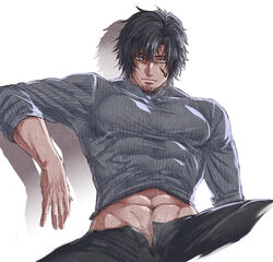  1boy bara black_hair black_pants blue_eyes clive_rosfield closed_mouth facial_hair final_fantasy final_fantasy_xvi grey_shirt highres large_pectorals looking_at_viewer male_focus male_pubic_hair muscular muscular_male navel navel_hair open_fly open_pants pants pectorals pubic_hair pubic_hair_peek shadow shirt short_hair simple_background solo spread_legs sweat very_sweaty white_background zanki 