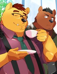  2022 anthro bear black_nose brown_body bumomomoboa closed_eyes clothing container cup cute_fangs duo eyewear glasses hi_res humanoid_hands kemono male mammal necktie overweight overweight_male shirt suspenders topwear 