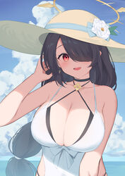  absurdres bare_arms bare_shoulders black_choker black_hair black_one-piece_swimsuit blue_archive blue_ribbon blue_sky breasts casual_one-piece_swimsuit choker cleavage cloud collarbone commentary_request criss-cross_halter cross cross_earrings day earrings female flower halo halterneck hat hat_flower hat_ribbon highres hinata_(blue_archive) hinata_(swimsuit)_(blue_archive) hotarihotaru huge_breasts jewelry long_hair looking_at_viewer ocean official_alternate_costume one-piece_swimsuit open_mouth outdoors red_eyes ribbon sky smile solo sun_hat sunlight swept_bangs swimsuit two-tone_swimsuit upper_body very_long_hair white_one-piece_swimsuit 