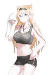  absurdres animal_ear_fluff animal_ears arknights bare_arms bare_shoulders black_hairband black_shorts blonde_hair breasts cleavage commentary cowboy_shot crop_top female grey_eyes grey_sports_bra hair_between_eyes hairband hand_up highres holding holding_towel horn_(arknights) jewelry large_breasts long_hair midriff navel neti_(cpu11151) pendant short_shorts shorts simple_background solo sports_bra standing stomach thighs towel very_long_hair white_background wolf_ears 