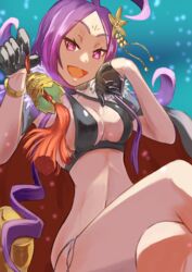  ahoge bare_shoulders bell bikini black_bikini black_cape black_gloves breasts cape cleavage collarbone crossed_legs facial_mark fate/grand_order fate_(series) female flower forehead forehead_mark fur-trimmed_cape fur_trim gloves hair_flower hair_ornament half_gloves highres inugami86 large_breasts long_hair looking_at_viewer navel open_mouth parted_bangs purple_eyes purple_hair sidelocks smile solo swimsuit tassel thighs very_long_hair wu_zetian_(fate) wu_zetian_(swimsuit_caster)_(fate) wu_zetian_(swimsuit_caster)_(third_ascension)_(fate) 