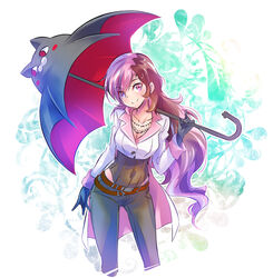  absurdres belt belt_buckle black_gloves black_pants blazblue blazblue:_cross_tag_battle breasts brown_eyes brown_hair buckle cleavage collarbone collared_shirt commentary covered_navel feet_out_of_frame female gloves heterochromia highres holding holding_umbrella iesupa jewelry large_breasts leotard long_hair long_sleeves multicolored_hair nago necklace neo_politan pants pink_eyes pink_hair rwby shirt solo split-color_hair two-tone_hair umbrella wrist_cuffs 